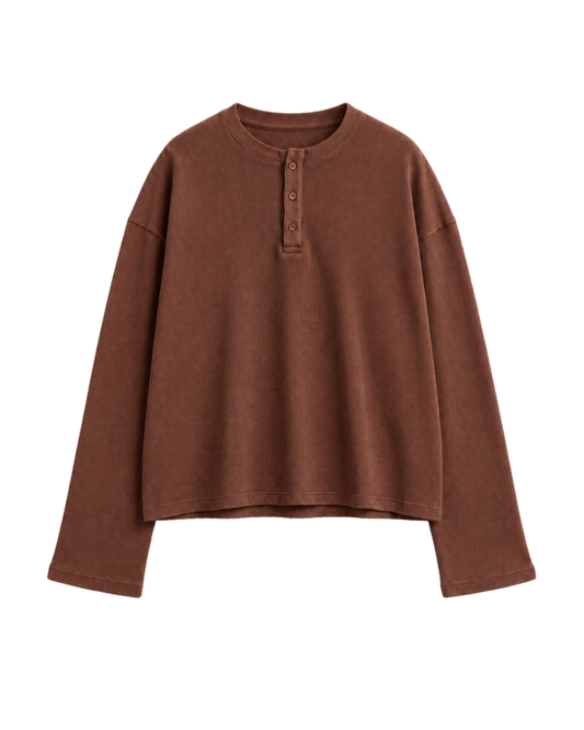 BROWN OVERSIZED HENLEY WAFFLE TEE