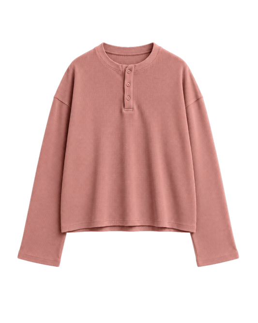 ROSE TAUPE OVERSIZED HENLEY WAFFLE TEE