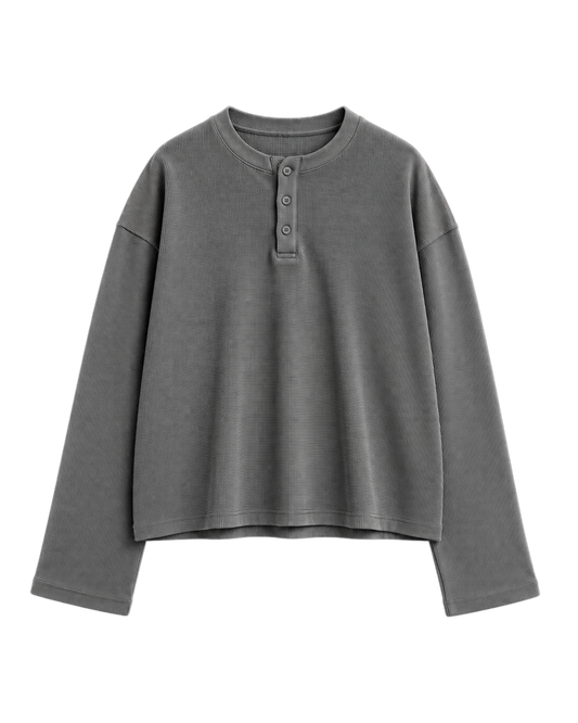 STEEL GREY OVERSIZED HENLEY WAFFLE TEE
