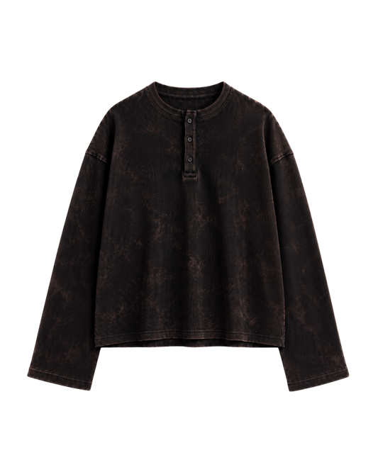 BROWN WASHED OVERSIZED HENLEY WAFFLE TEE