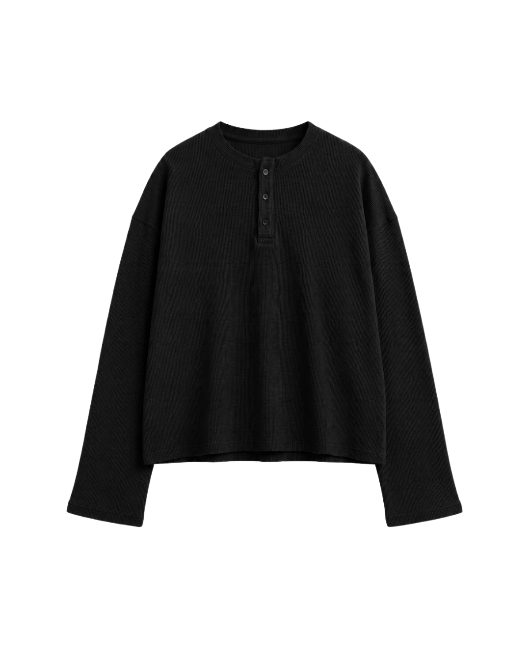 BLACK OVERSIZED HENLEY WAFFLE TEE