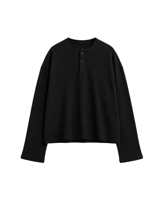 BLACK OVERSIZED HENLEY WAFFLE TEE